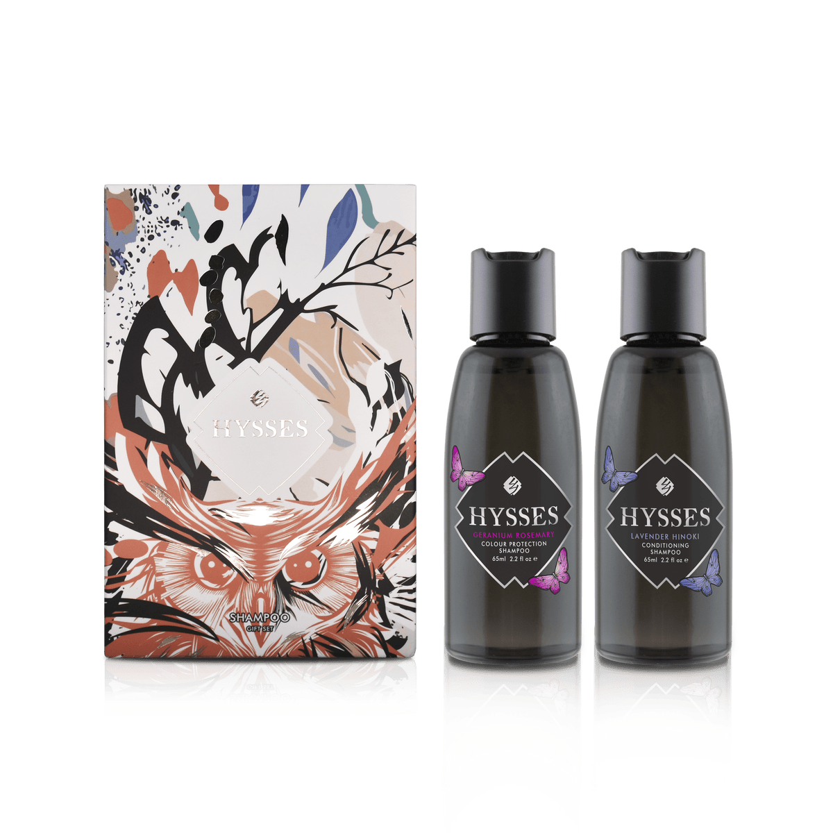 Hysses Body Care Gift Set Of 2, Shampoo Lavender Hinoki & Geranium Rosemary, 65ml