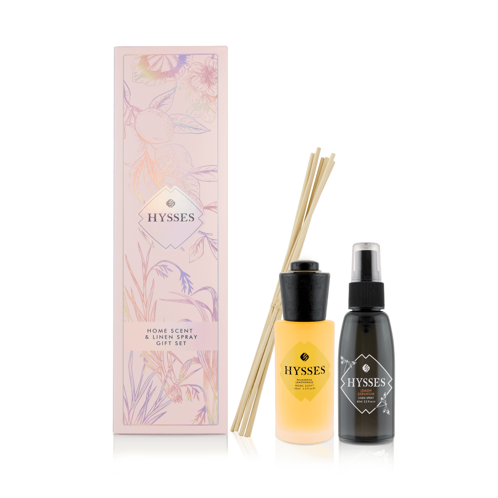 Hysses Home Scents Gift Set Of 2 Linen Spray & Home Scent Lemon Geranium & Palmarosa Lemongrass 65ml/60ml